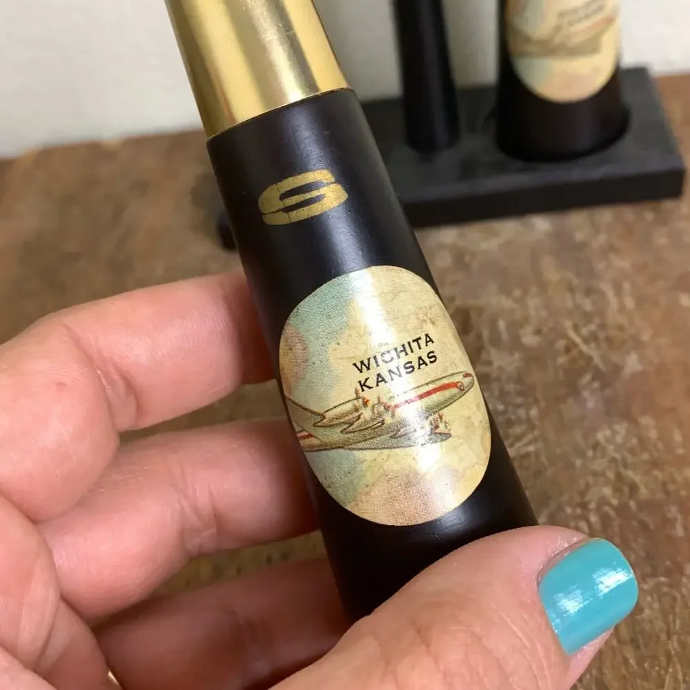 Mid Century Modern 3 PC Black Gold Wichita Kansas Salt Pepper‎ Shakers Souvenir